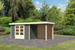 Karibu | Gartenhaus "Askola 4" SET | terragrau mit Anbaudach 2,4 m | Rückwand