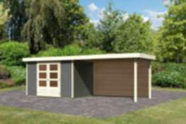 Karibu | Gartenhaus "Askola 4" SET | terragrau mit Anbaudach 2,8 m | Rückwand