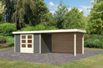 Karibu | Gartenhaus "Askola 4" SET | terragrau mit Anbaudach 2,8 m | Rückwand