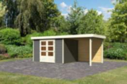 Karibu | Gartenhaus "Askola 5" SET | terragrau mit Anbaudach 2,4 m | Rückwand
