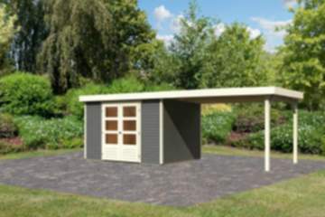Karibu | Gartenhaus "Askola 5" SET | terragrau mit Anbaudach 2,8 m