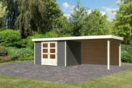 Karibu | Gartenhaus "Askola 5" SET | terragrau mit Anbaudach 2,8m |Rückwand