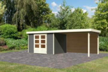Karibu | Gartenhaus "Askola 5" SET | terragrau mit Anbaudach 2,8m |Rückwand