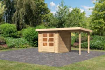 Karibu | Gartenhaus "Bastrup 2" SET AKTION | 2 naturbelassen | mit Anbaudach 2,0 m