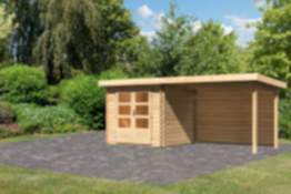 Karibu | Gartenhaus "Bastrup 2" SET AKTION | 2 naturbelassen | mit Anbaudach 3,0 m | Rückwand