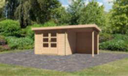 Karibu | Gartenhaus "Bastrup 3" SET | naturbelassen | mit Anbaudach 2,0 m | Rückwand