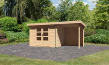 Karibu | Gartenhaus "Bastrup 3" SET | naturbelassen | mit Anbaudach 2,0 m | Rückwand