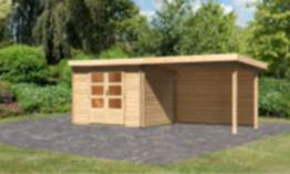 Karibu | Gartenhaus "Bastrup 3" SET | naturbelassen | mit Anbaudach 3,0 m | Rückwand