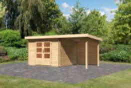 Karibu | Gartenhaus "Bastrup 5" SET AKTION | naturbelassen | mit Anbaudach 2,0 m | Rückwand