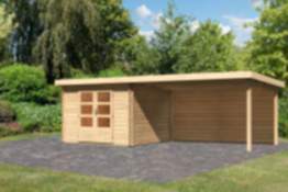 Karibu | Gartenhaus "Bastrup 5" SET AKTION | naturbelassen | mit Anbaudach 4,0 m | Rückwand