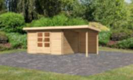 Karibu | Gartenhaus "Bastrup 7" SET | naturbelassen | mit Anbaudach 2,0 m | Rückwand