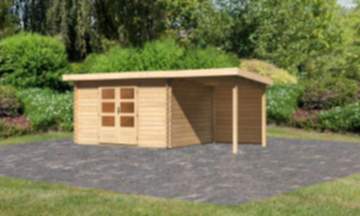 Karibu | Gartenhaus "Bastrup 7" SET | naturbelassen | mit Anbaudach 2,0 m | Rückwand