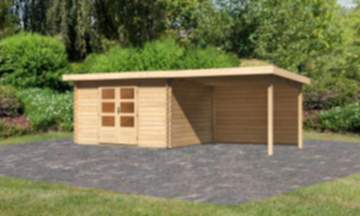 Karibu | Gartenhaus "Bastrup 7" SET | naturbelassen | mit Anbaudach 3,0 m | Rückwand
