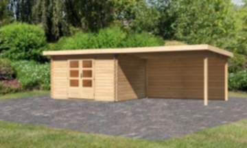 Karibu | Gartenhaus "Bastrup 7" SET | naturbelassen | mit Anbaudach 4,0 m | Rückwand