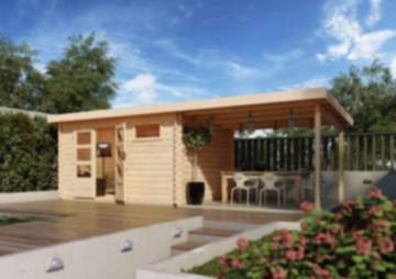 Karibu | Gartenhaus "Bastrup 8" SET | naturbelassen | mit Anbaudach 3,0 m