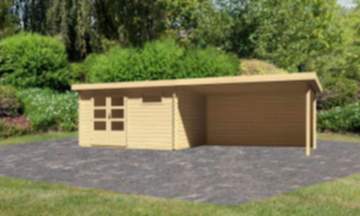 Karibu | Gartenhaus "Bastrup 8" SET | naturbelassen | mit Anbaudach 4,0 m | Rückwand