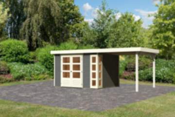 Karibu | Gartenhaus "Kerko 5" SET | terragrau | mit Anbaudach 2,4 m