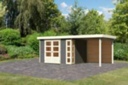 Karibu | Gartenhaus "Kerko 5" SET | terragrau | mit Anbaudach 2,4 m | Rückwand