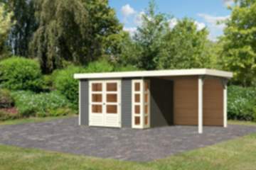 Karibu | Gartenhaus "Kerko 5" SET | terragrau | mit Anbaudach 2,4 m | Rückwand