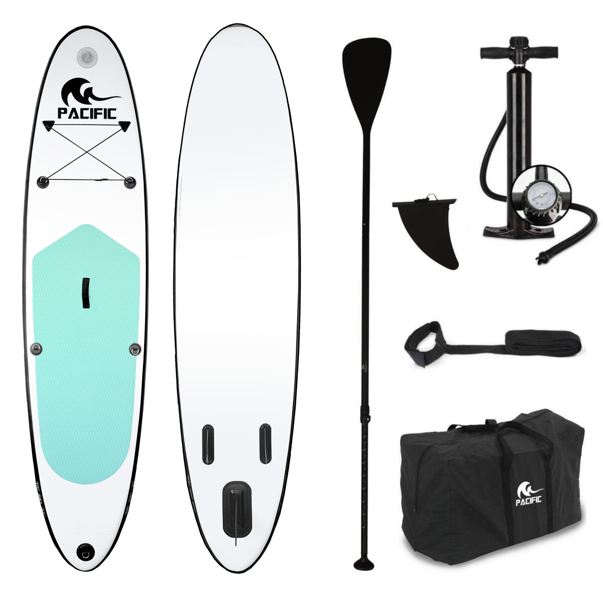 Pacific Special Edition SUP Board mit FREE SUP Chair - 305 cm - bis zu 100 kg - 6-teiliges Set- Weiß/Grün - Aufblasbar