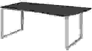 röhr Imperia höhenverstellbarer Schreibtisch quarzit Trapezform, Kufen-Gestell weiß 180,0 x 80,0/100,0 cm