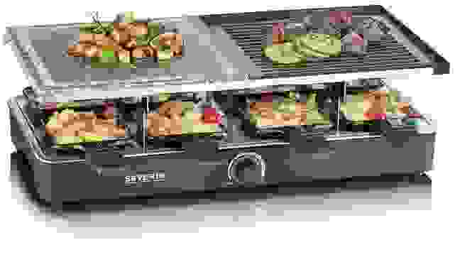 Severin Gourmet Set 2376 - 8 Pfännchen - Schwarz - 1300W - Raclette mit Naturkochplatte und Grillplatte
