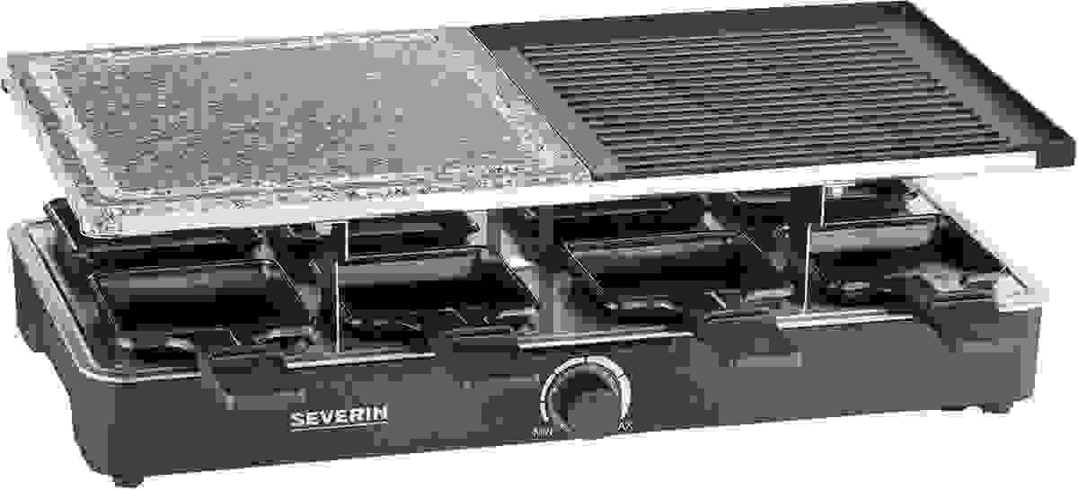 Severin Gourmet Set 2376 - 8 Pfännchen - Schwarz - 1300W - Raclette mit Naturkochplatte und Grillplatte