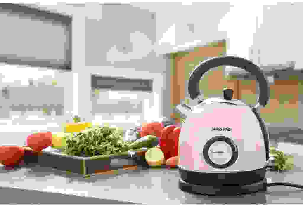 Swiss Pro+ Doppelwandige Retro-Wasserkocher- 2200W - 1.8L - mit Temperatureinstellung und Kalkfilter - Kälteschutz- Boden aus Edelstahl - Rosa