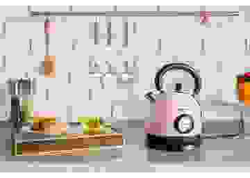 Swiss Pro+ Doppelwandige Retro-Wasserkocher- 2200W - 1.8L - mit Temperatureinstellung und Kalkfilter - Kälteschutz- Boden aus Edelstahl - Rosa