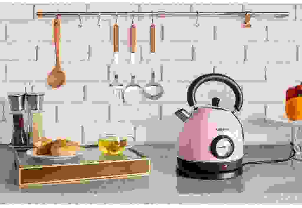 Swiss Pro+ Doppelwandige Retro-Wasserkocher- 2200W - 1.8L - mit Temperatureinstellung und Kalkfilter - Kälteschutz- Boden aus Edelstahl - Rosa