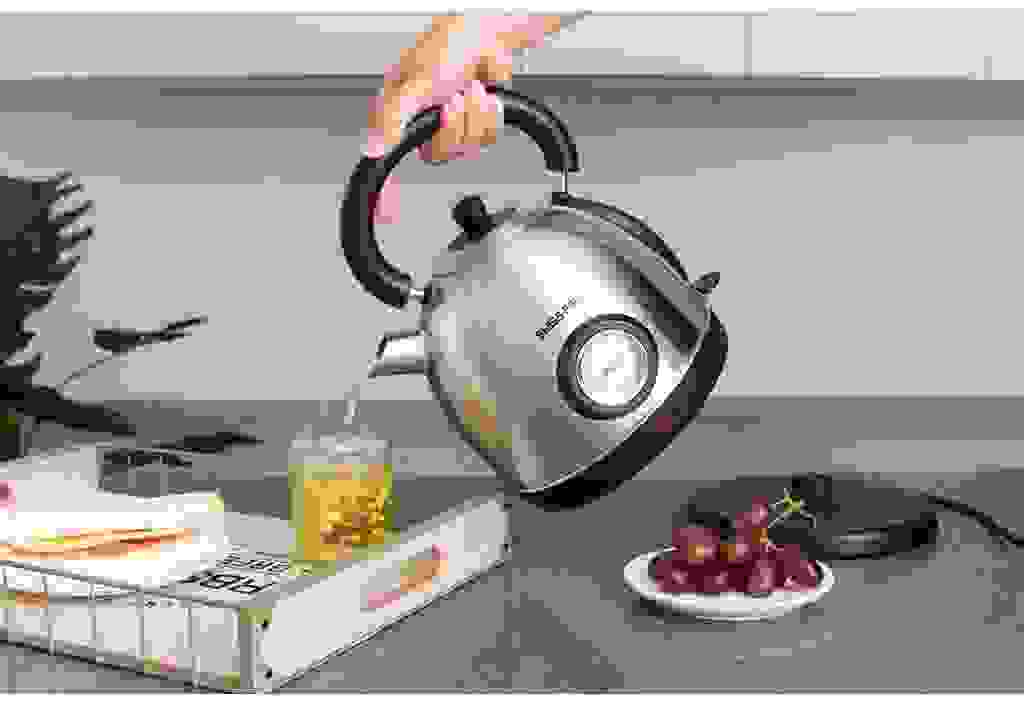 Swiss Pro+ Doppelwandige Retro-Wasserkocher- 2200W - 1.8L - mit Temperatureinstellung und Kalkfilter -Kälteschutz - Boden aus Edelstahl - Silber