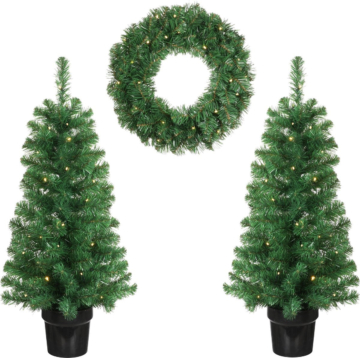 Black Box Trees Norton Set aus 2 künstlichen Weihnachtsbäumen und 1 Weihnachtskranz mit LED-Lichtern - Grün