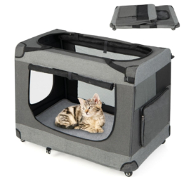 Coast Cat Racing Cages Große faltbare Katzenbox Transportbox mit Schultergurt Räder 82,5 x 59 x 67 cm grau