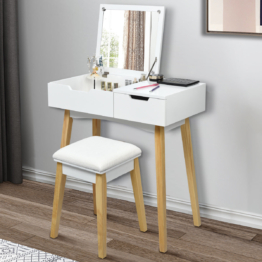 Coast Schminktisch mit Hocker - Drehbarer Spiegel - Große Schublade und Fächer - 74 x 40 x 115 cm - Weiß