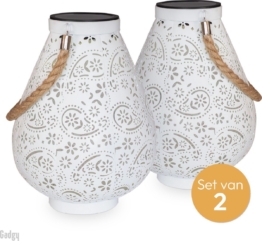 Gadgy Solar Laterne Matt Weiß - 2er Set - Solar Gartenleuchte - Led Außenleuchte mit Tag/Nacht Sensor - Tischlampe - Hängelampe - Gartenlaterne - Metall - 23 x Ã˜ 17,5 cm