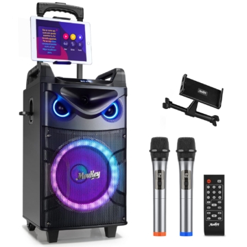 Moukey MTs10-2 Tragbares Bluetooth PA Anlage Lautsprecher Karaoke Maschine mit 2 drahtlosen UHF Mikrofonen