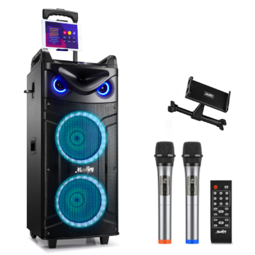 Moukey MTs210-1 Karaoke Bluetooth Lautsprecher Tragbares Doppelter Woofer PA Anlage mit 2 drahtlosen Mikrofonen