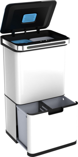 StangVollby Halden Mülleimer mit Sensor - 60 L - Abfallsortierbehälter - Edelstahl - 4 Fächer - Automatischer Luftfilter - 60 Liter (2x18L + 2x12L) - Automatischer Soft-Close-Deckel mit Infrarot-Sensor - Weiß