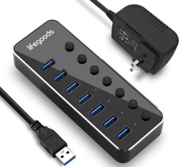 Auronic USB Hub 3.0 - USB Splitter mit 7 Ports - mit Netzteil - 5 GBPs - Led-Anzeige - Schwarz