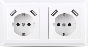 Homra Brock Doppel-USB-Steckdose Weiß - Unterputzdose - Glänzender Kunststoff - Weiße Wandsteckdose - 5.600mA - 220 Volt - USB-Ladegerät - Schnellladung - Mittlere Erdung - Europäische Steckdose - 150x80mm - Mit Kindersicherung