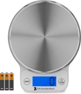 KitchenBrothers Küchenwaage - Waage Küche Digital - 1 g bis 6 kg - Tara Funktion - Batterien enthalten - Edelstahl/Weiß