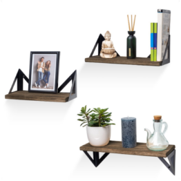 LifeGoods Schwebendes Wandregal - 3 Stück - bis zu 42cm - Handtuchhalter und 8 Haken - Industrial - Holz - Dunkelbraun