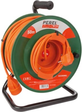 Perel Verlängerungskabel auf Trommel, Innenbereich, Stifterdung, Thermoschutz, Kabellänge 50 m, 3G1,5, orange/grün