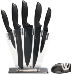 KitchenBrothers Messerset - Messerblock - 7-teilig - mit Messerschärfer - Schwarz