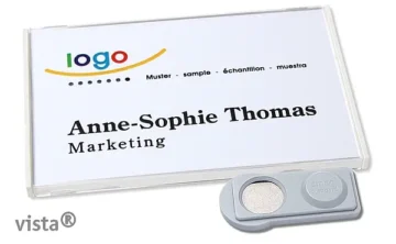 10 Stück Design Namensschilder mit Magnet oder Anstecknadel und Text plus Logo
