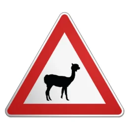 Dreieckiges Verkehrsschild mit Motiv Alpaka 2