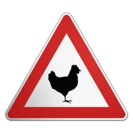 Dreieckiges Verkehrsschild mit Motiv Huhn