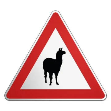 Dreieckiges Verkehrsschild mit Motiv Lama 2