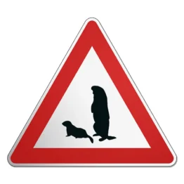 Dreieckiges Verkehrsschild mit Motiv Murmeltiere