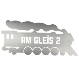 Edelstahlschild Dampflok mit Wunschtext Größe 44,5 cm x 20 cm